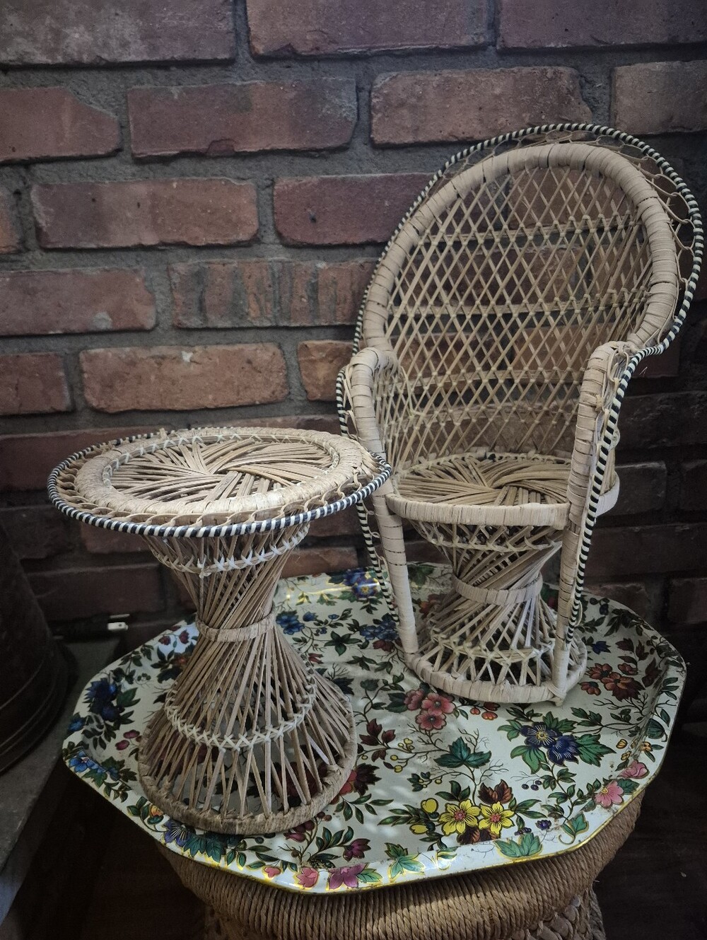 Vintage Rattan Peacock Chair And Table Set